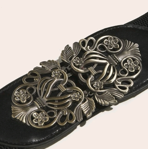 Plus size Black Vintage style floral buckle corset boho elastic wide waist belt - Picture 6 of 6